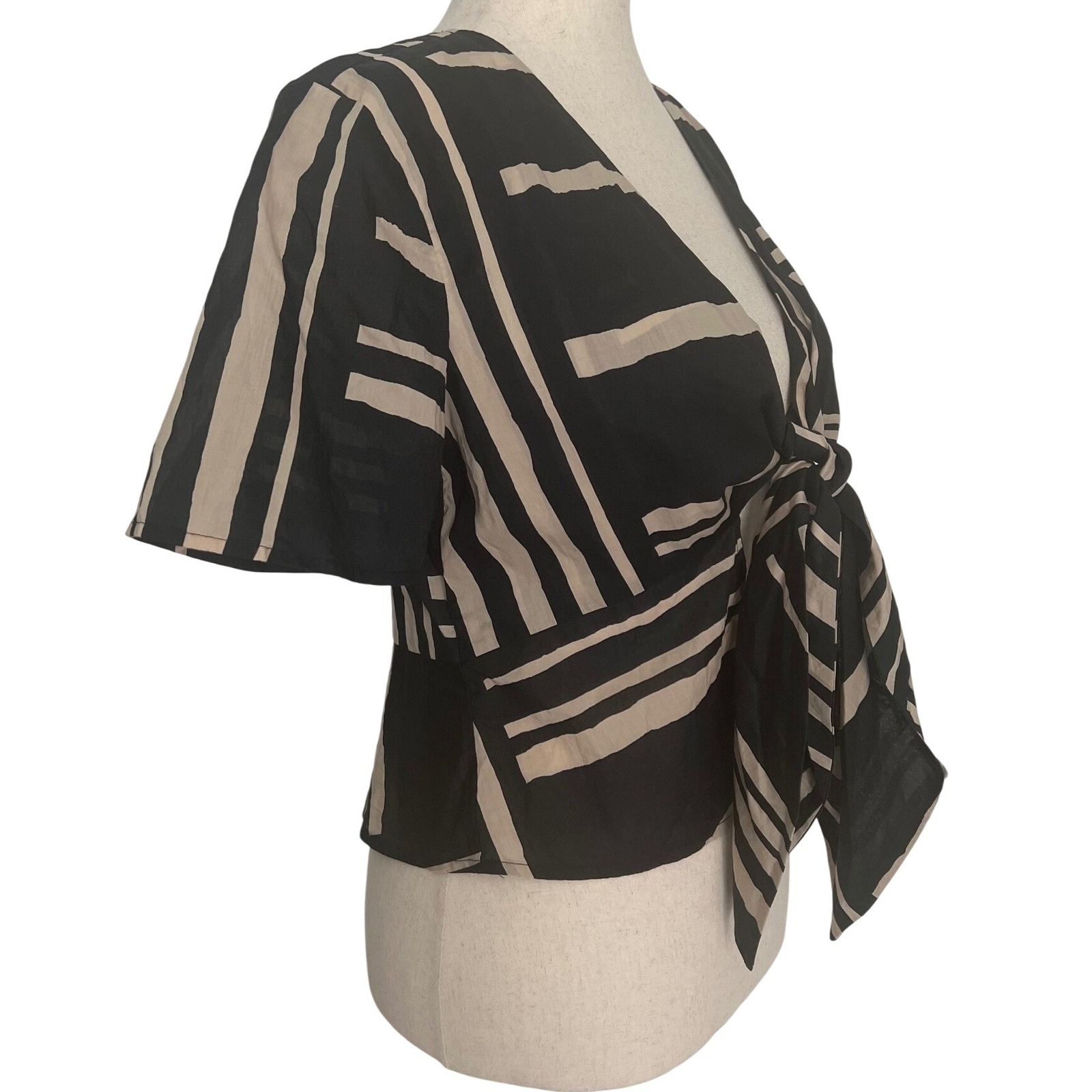 Rails Women's Xs Tia Island Stripe Tie Front Top Black Tan Cotton Beach Resort